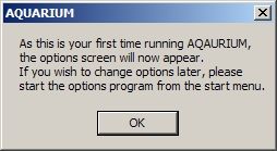 Aquarium (Windows) screenshot: The first time the game is run the player is given the option to check the configuration settings