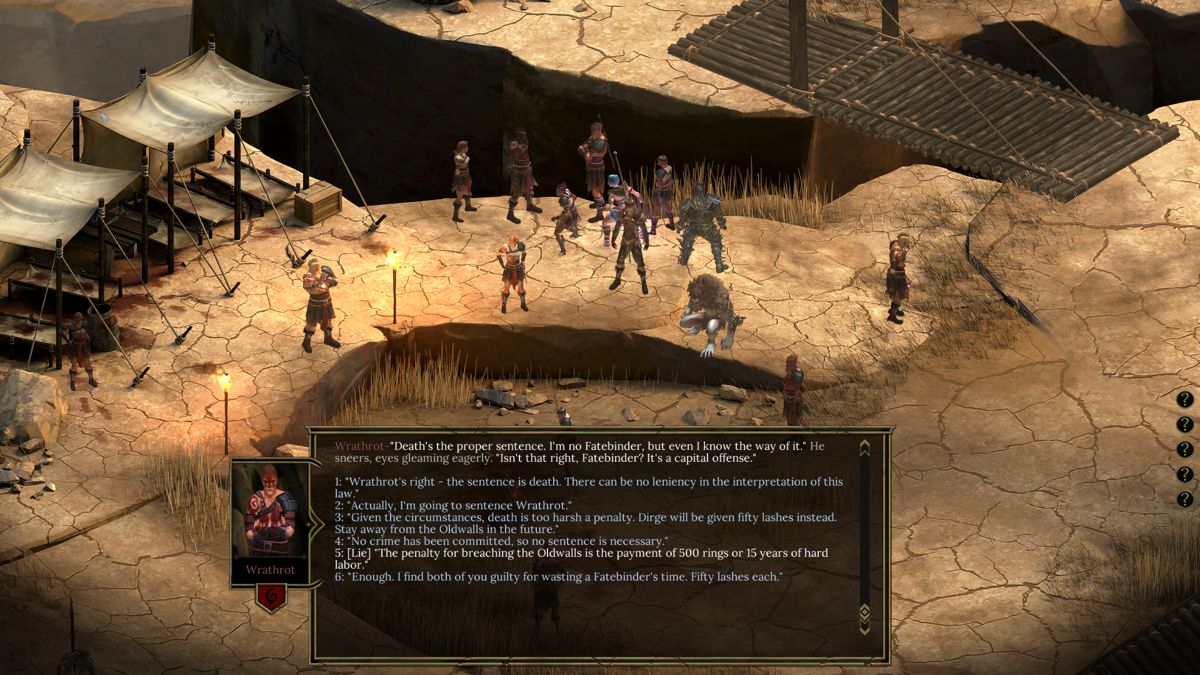 Tyranny (Windows) screenshot: As an agent of court, you'll have to settle disputes between characters in the world.