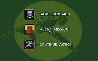 Flames of Freedom (DOS) screenshot: Save, abort or continue your mission?