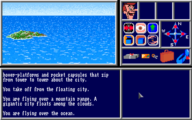The Jetsons: George Jetson and the Legend of Robotopia (Amiga) screenshot: Flying over the ocean.