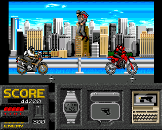 Sly Spy: Secret Agent (Amiga) screenshot: On a motorcycle... Watch out for the terrorists!