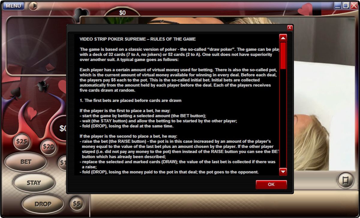 Video Strip Poker Supreme (Windows) screenshot: Rules (demo version)