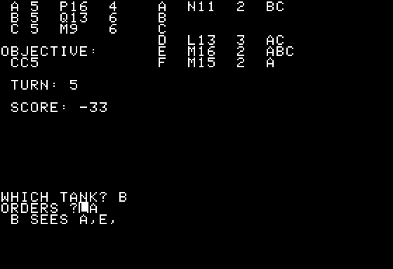 Tanktics (Apple II) screenshot: My tank B looks and can see computer A & E tank