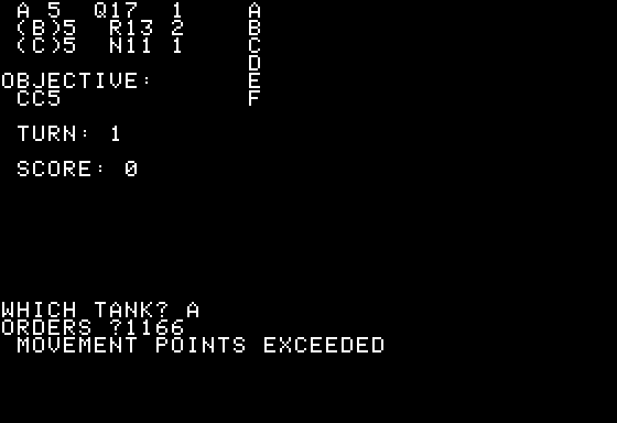 Tanktics (Apple II) screenshot: Exceeded move points for my tank A