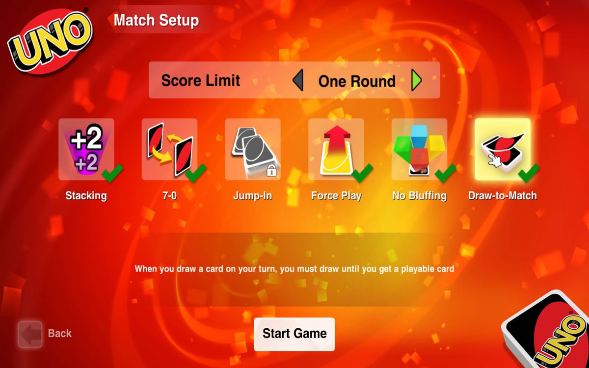 Uno (Windows) screenshot: Determine which options are allowed and set a score limit.