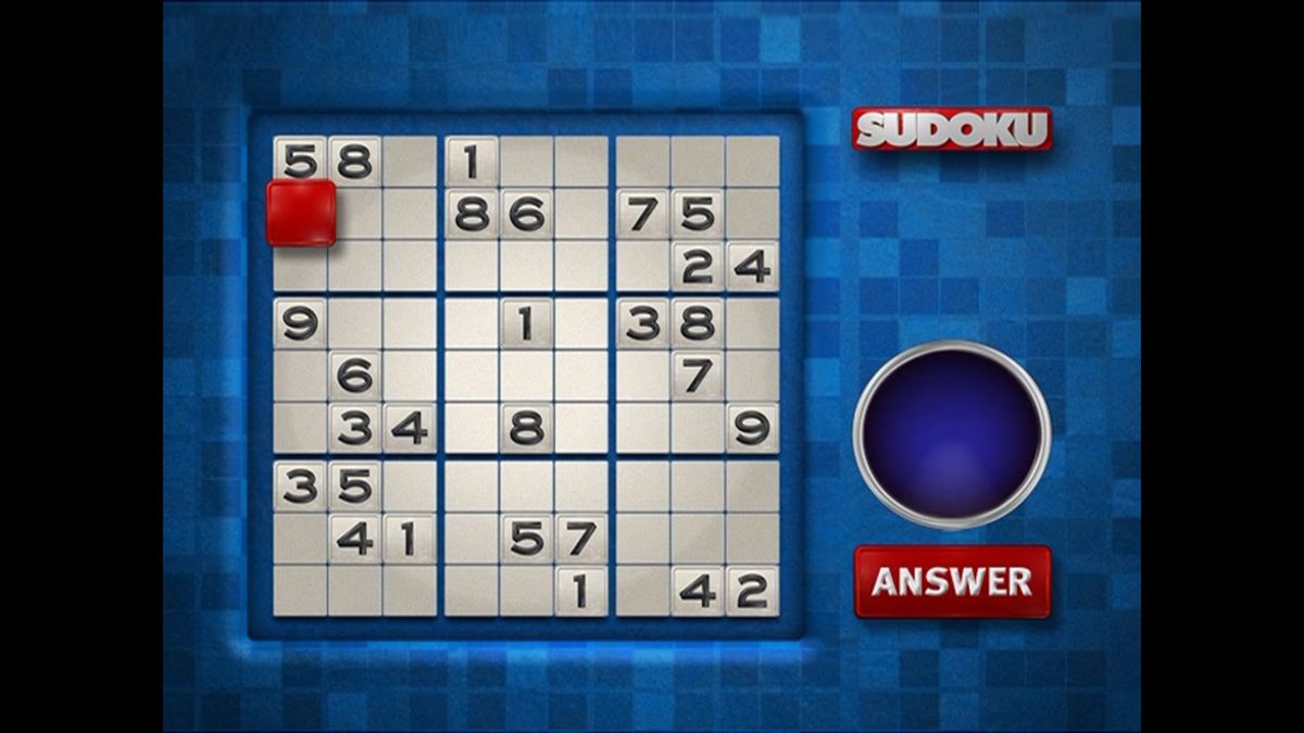 Sudoku (DVD Player) screenshot: This is a blue screen so this is a standard question. i.e. the player will score the value of the cell if they call out the correct answer