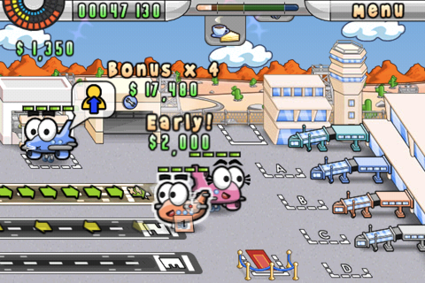 Airport Mania: First Flight (iPhone) screenshot: If a plane is sitting around too often, they'll lost patience. Counter that by buying tea breaks for customers (the small button just below the score card).