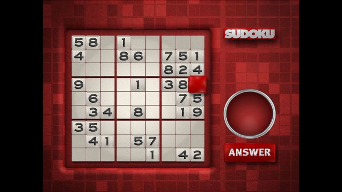 Sudoku (DVD Player) screenshot: This is a 'All Play 10 Bonus Point' cell. Anyone can call out the answer and they get 10 extra points if they are first and right
