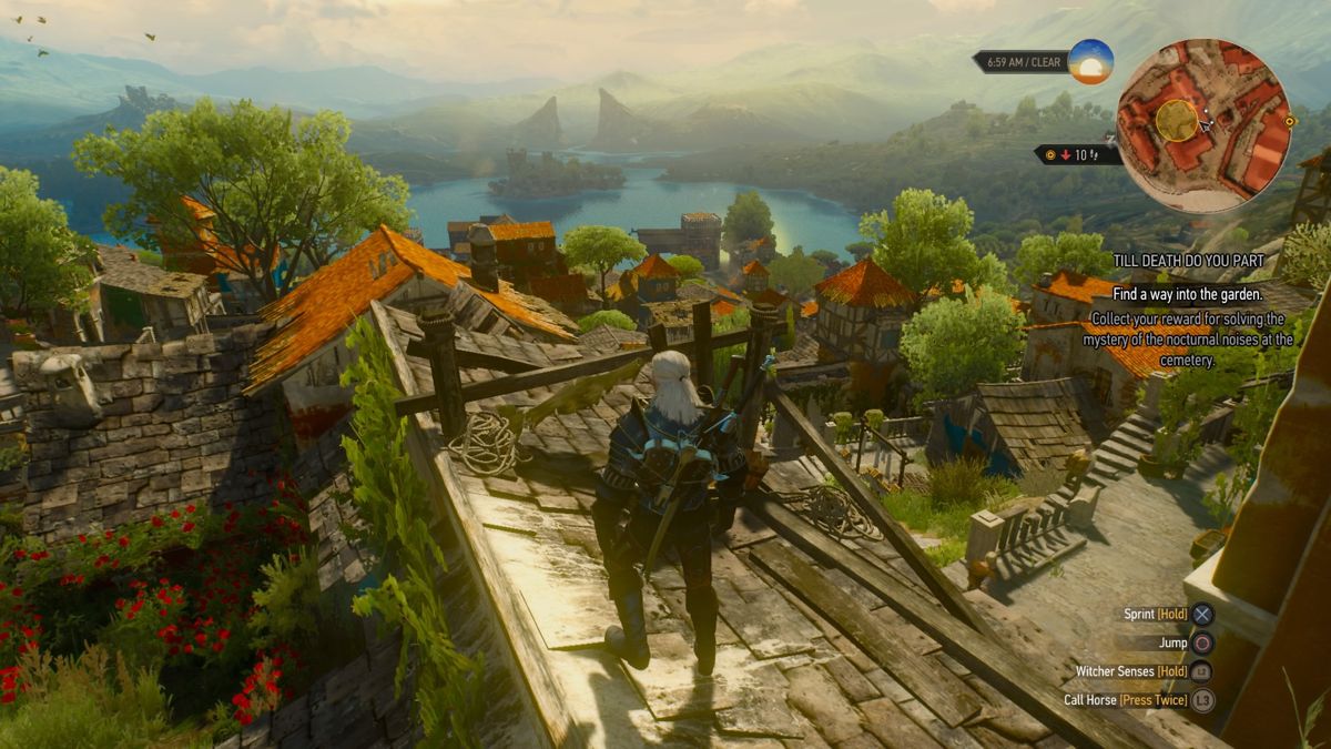 The Witcher 3: Wild Hunt - Blood and Wine (PlayStation 4) screenshot: Climb the rooftop to get the better view of the port