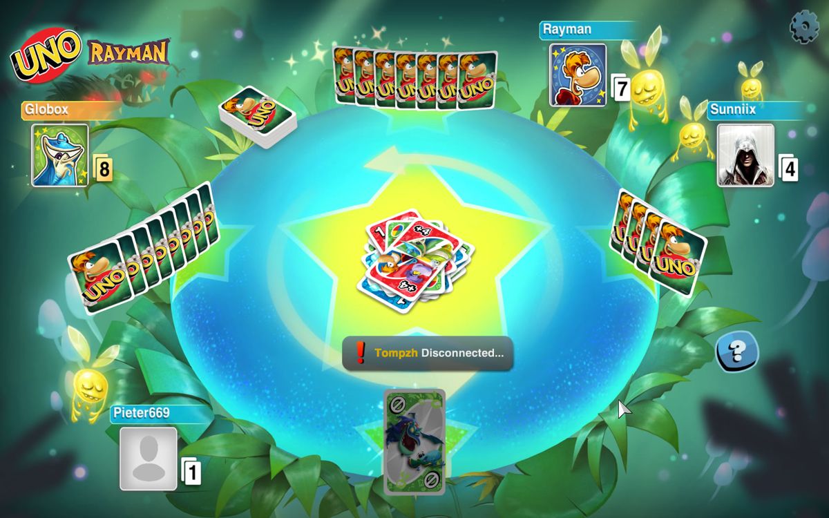 Uno (Windows) screenshot: A player disconnected and is replaced with an AI player right away.