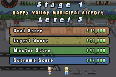 Airport Mania: First Flight (iPhone) screenshot: Each stage has a set points goal, Supreme being the highest. Early levels aren't too difficult to reach that higher score.