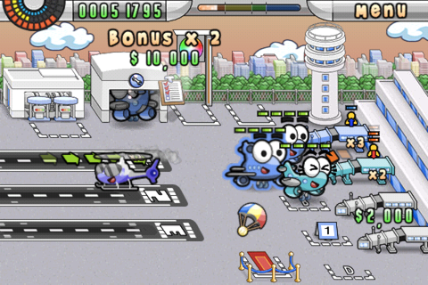 Airport Mania: First Flight (iPhone) screenshot: Starting to get crowded, but if you've got time, hit the helicopter for extra cash.