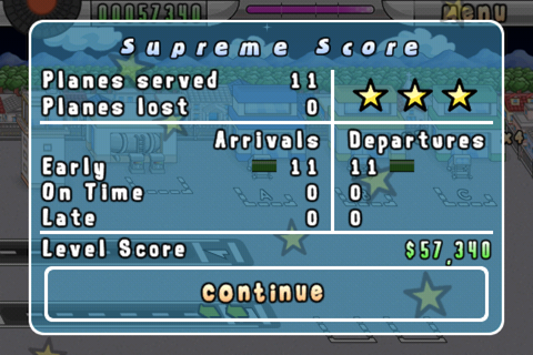 Airport Mania: First Flight (iPhone) screenshot: The result screen details exactly what happened and the total score achieved.