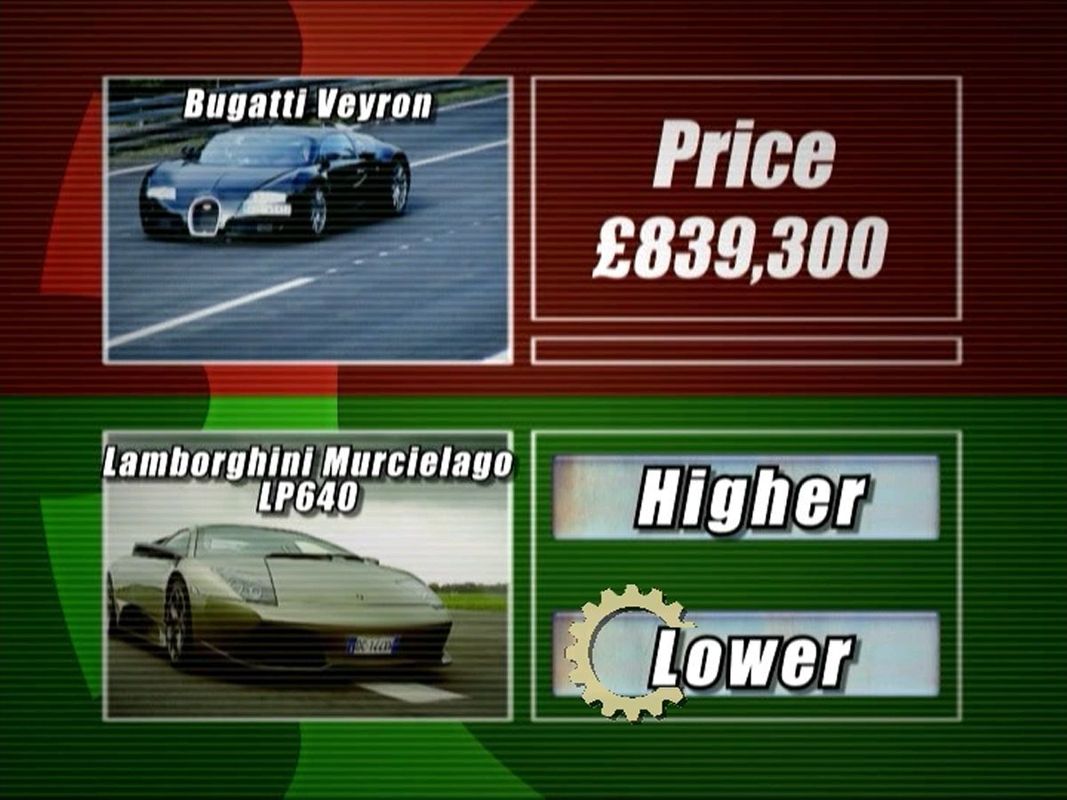 Richard Hammond's Top Gear: Interactive Challenge (DVD Player) screenshot: Round Two: Under The Bonnet<br>Players are shown a fact about a car, that's at the top of the screen. They must decide whether the car at the bottoms stat is higher or lower