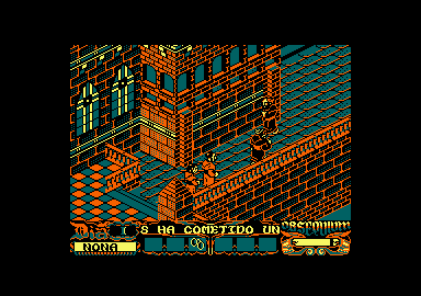 La Abadía del Crimen (Amstrad CPC) screenshot: Our first assignment is to follow the abbot to the a crime scene.
