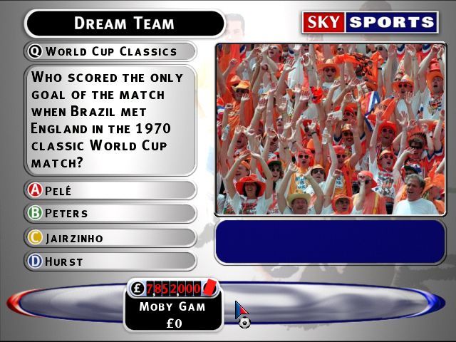 Sky Sports Football Quiz (Windows) screenshot: A sample question. Note the red card above the player's name, that's there because the previous question was answered incorrectly so the player's barred from answering this one