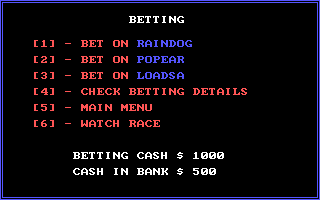 Grayhound Racer (DOS) screenshot: Betting menu