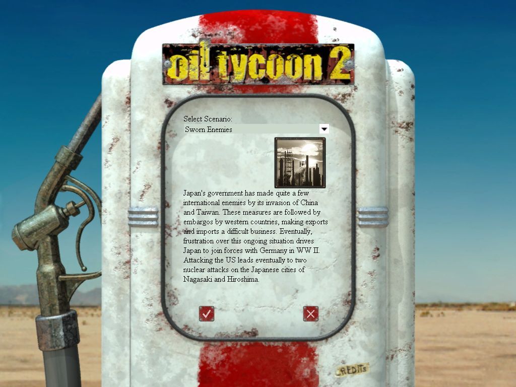 Big Oil (Windows) screenshot: Each scenario has a bit of background information to place the game in the correct historical context