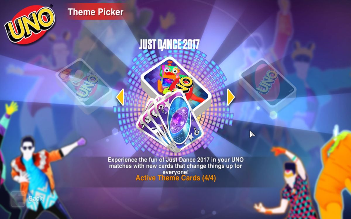 Uno: Just Dance Theme (Windows) screenshot: Selecting the Just Dance theme for the deck.