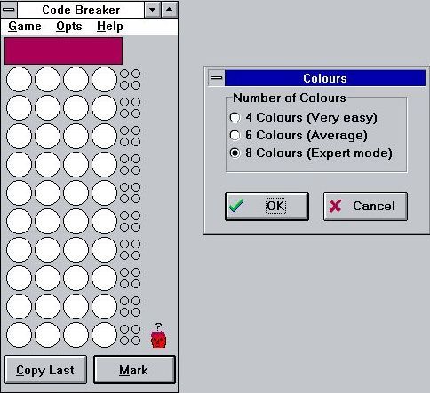 Code Breaker (Windows 3.x) screenshot: There are three levels of difficulty. These are accessed via a menu bar option