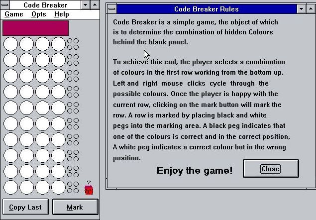 Code Breaker (Windows 16-bit) screenshot: The game has a single window of player information. It opens in a new, separate window