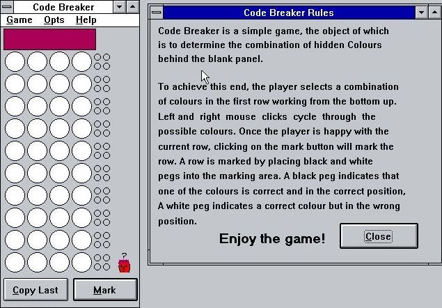 Code Breaker (Windows 3.x) screenshot: The game has a single window of player information. It opens in a new, separate window