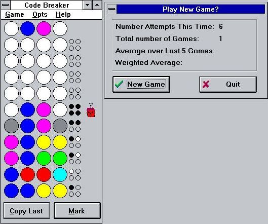 Code Breaker (Windows 3.x) screenshot: A successful conclusion to a game. As soon as the player clicks on 'New Game' the game area is reset