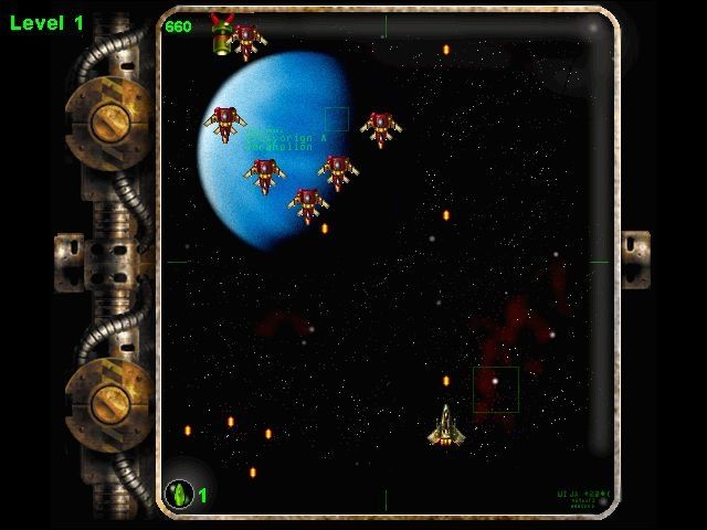 LaserAge (Windows) screenshot: A power up pod has appeared at the top of the screen (upper left). Shooting it releases the contents which fal down the screen and must be captured