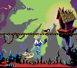 Earthworm Jim (SNES) screenshot: Jim is attacked from below