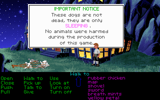 The Secret of Monkey Island (DOS) screenshot: Outside the Governor's mansion - Animal rights notice