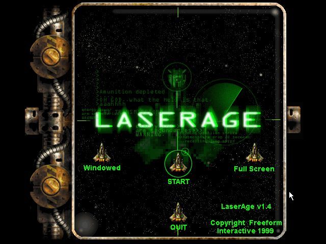 LaserAge (Windows) screenshot: The title screen and main menu