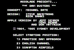 The Dam Busters (Apple II) screenshot: Select where to start.
