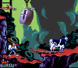 Earthworm Jim (SNES) screenshot: A cow. Great