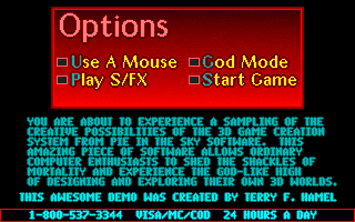 Meltdown (DOS) screenshot: Startup options, including the invulnerability mode.