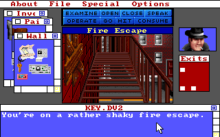 Déjà Vu II: Lost in Las Vegas (DOS) screenshot: Up the fire escape. (VGA)