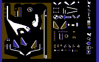Pinball Construction Set (Commodore 64) screenshot: Putting an extra piece in on a demo table.