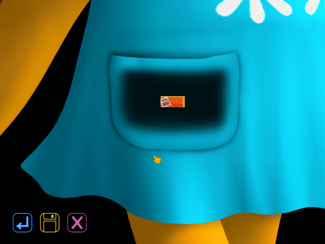 Cookie's Bustle (Windows) screenshot: The game menu is Cookie's pocket, which allows the players to check her inventory and to save or quit the game