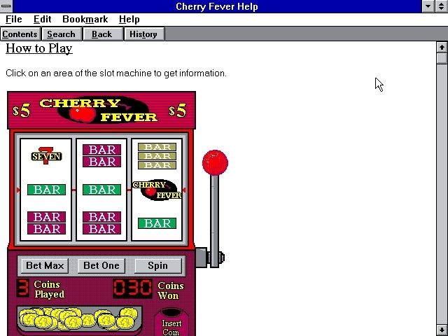 Cherry Slots Fever (Windows 3.x) screenshot: The game's HELP file opens in a new window
