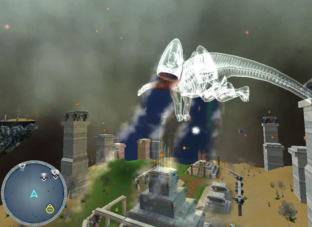 Jetpack Brontosaurus (Browser) screenshot: After flying through the mirror, the environment changes. Here the graphics have also been scaled back automatically.
