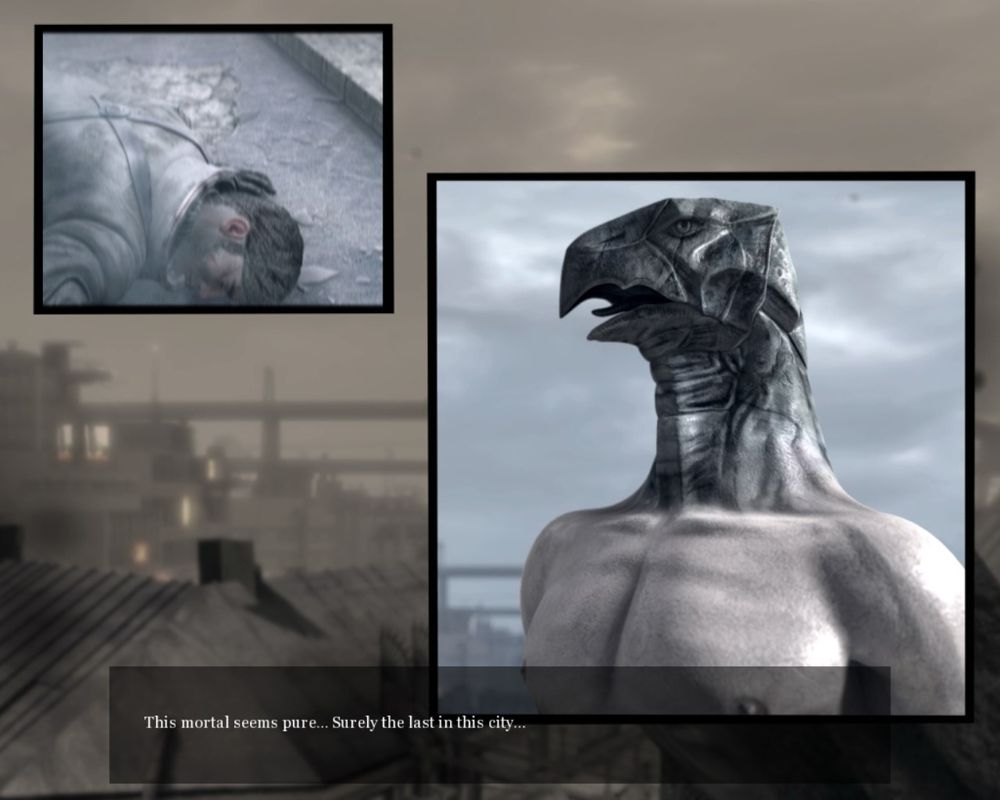 Nikopol: Secrets of the Immortals (Windows) screenshot: The bird is Horus and the cryo-body is Nikopol's father.
