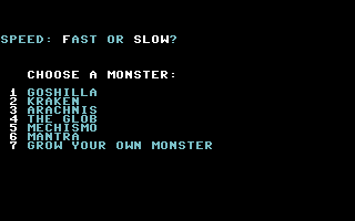 Crush, Crumble and Chomp! (Commodore 64) screenshot: Choose a monster...
