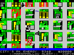 Ghostbusters (ZX Spectrum) screenshot: Do you see that quarter of a Giant Marshmallow over there, right there? Well, if you don't have any "bait" one of the buildings will for sure be destroyed by it. (48K)
