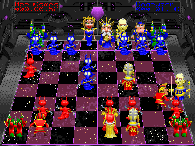 Battle Chess 4000 (DOS) screenshot: Knight yields a lightsaber against a Bishop (SVGA).