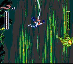 Earthworm Jim (SNES) screenshot: Gee, how cool... Bungee-jumping!