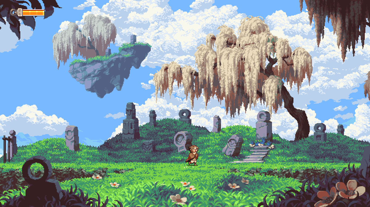 Owlboy (Windows) screenshot: Otus walks quietly through the Vellie graveyard.