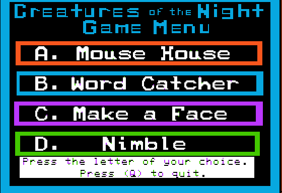 Creatures of the Night (Apple II) screenshot: Main Menu