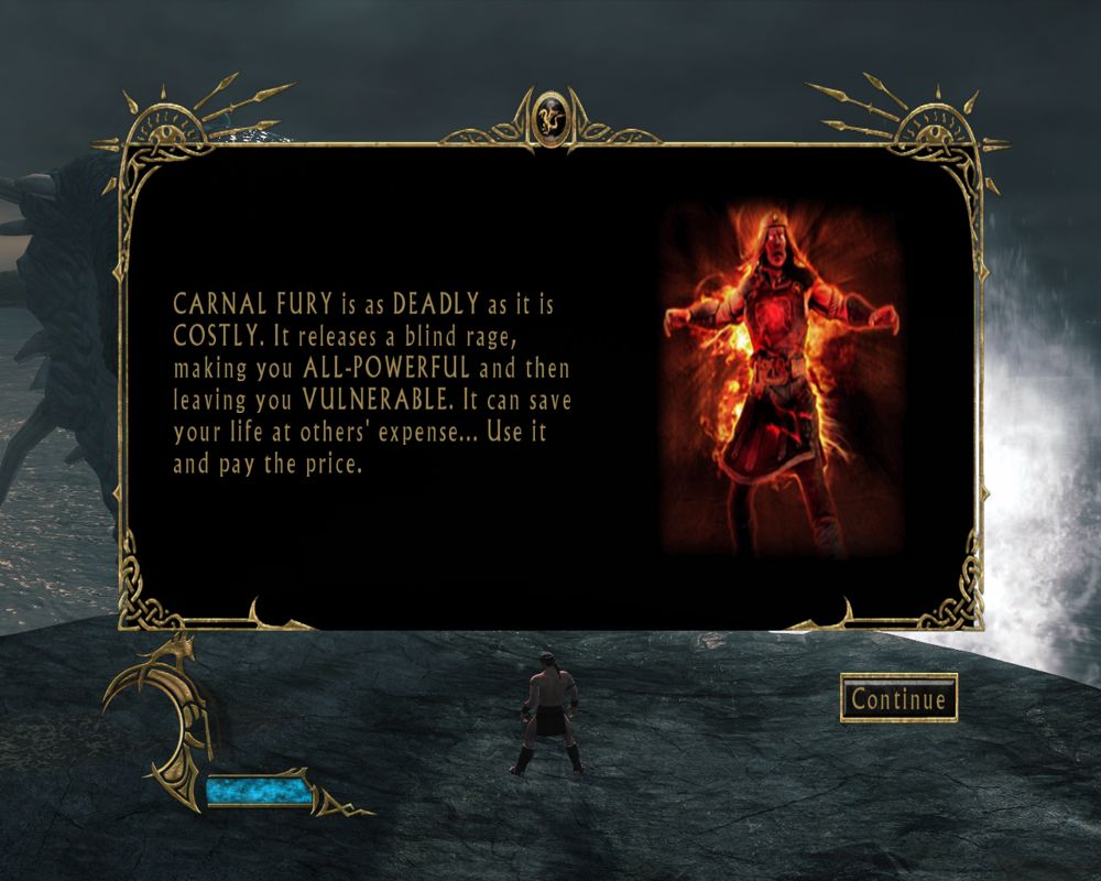 Beowulf: The Game (Windows) screenshot: Details about Carnal Fury, one of the powers that can be unlocked.