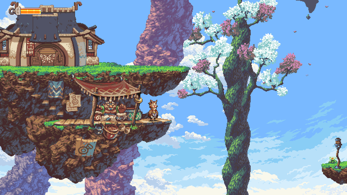 Owlboy (Windows) screenshot: Otus chills out in Vellie with Bomboman.