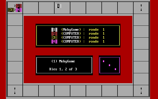 Rondgang (DOS) screenshot: MobyGame threw the dice and got a 3. This player can now choose to take 1, 2 or 3 more steps.