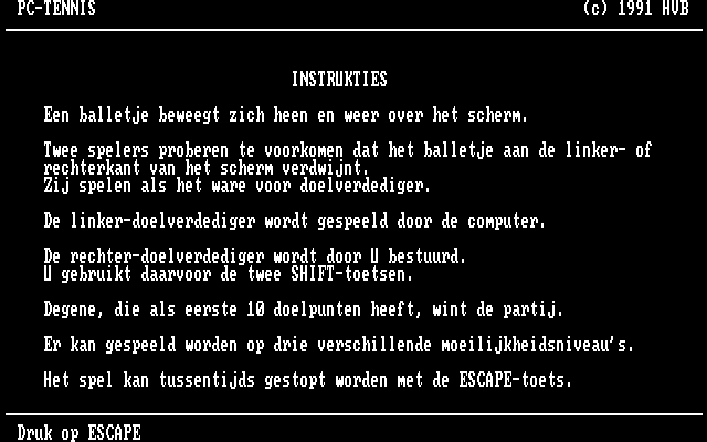 PC-Tennis (DOS) screenshot: Instructions